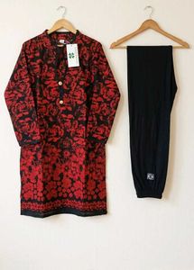 Red Floral Kurta Set with Black Pants