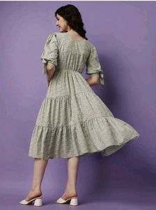 Elegant Sage Green Printed Midi Dress with Tiered