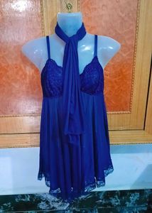 Blue 2 Piece Lingerie Set with Scarf And Thong