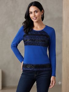Blue Lace Detail Long Sleeve Top