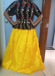 golden skirt with blue paplon top💙