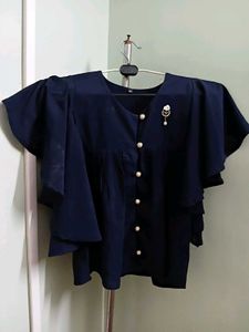 New Elegant Navy Blue Flutter Sleeve Top