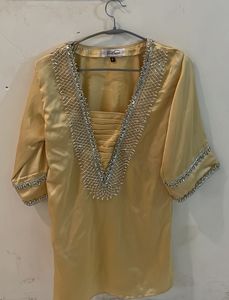 Beaded V-Neck Yellow Kurta