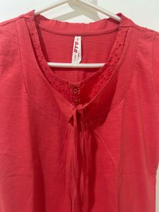 Coral Red Embroidered Tie-Front Top