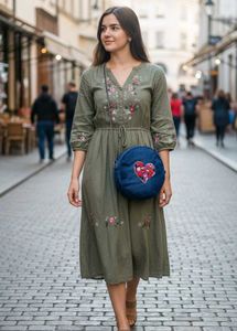 Handmade Upcycled Denim Round Sling Bag with Flora