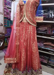 Red &amp; Gold Brocade Lehenga Set with Jacket