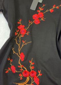 Black T-Shirt with Red Floral Embroidery