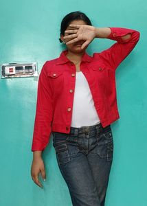 Women Solid Red Denim Jacket L Size