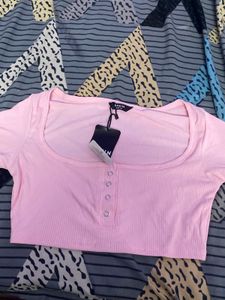 Pink Ribbed Button-Up Crop Top