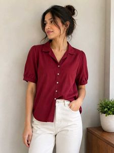 Women's Burgundy Puff Sleeve Shirt