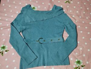 Teal Off-Shoulder Belted Top