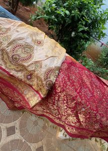 Elegant Cream &amp; Red Embroidered Saree