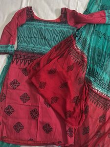 Vibrant Red & Teal Block Print Kurta Set