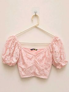 Sheer Lace Puff Sleeve Crop Top