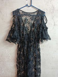 Black Lace Cold Shoulder Mini Dress Sheer