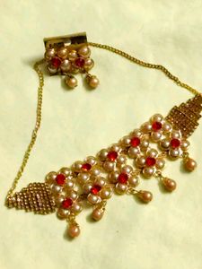 Elegant Pearl &amp; Red Stone Necklace Set