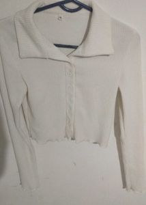 Ribbed Collared Button-Up Top