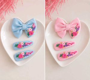 Embroidered Hair Bow &amp; Clips Set