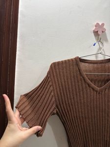Brown Ribbed  Knit Top | Too stretchable