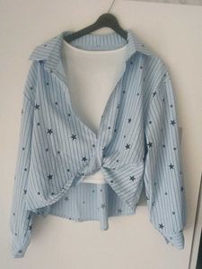 Striped Star Print Twist Front Shirt