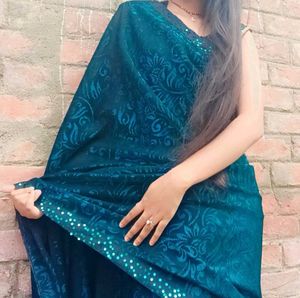 Teal Blue Saree with Embellished Border