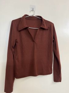 Collared Long Sleeve Cropped Top