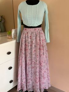 Light Blue Crop Top With Lilac Skirt