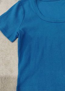 Blue Cropped Ribbed T-Shirt