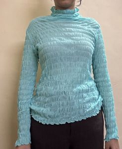 Light Blue Smocked Turtleneck Top