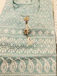 Beautiful White and Sea green Cotton Chikankari ku