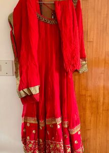 Red Anarkali Gown with Gold Embroidery
