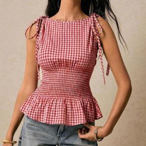 Red Gingham Smocked Peplum Top