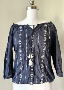 Navy Embroidered Tassel Top