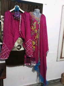 beautiful dark pink and blue kurti with duppatta a