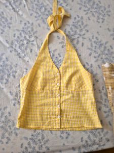 Halter neck cute yellow gingham pattern top