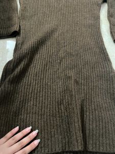 Brown Ribbed Knit Midi Dress