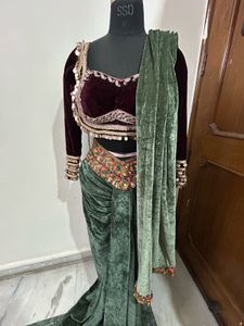 Elegant Green Velvet drape saree