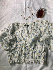 Floral Print Puff Sleeve V-Neck Top