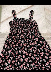 Black Floral Print Smocked Dress