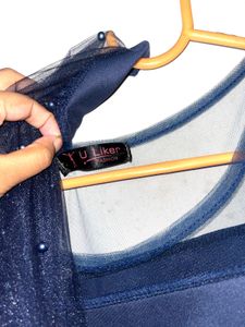 Navy Blue Sheer Sleeve Embellished Dress