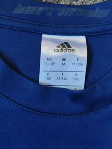 Adidas Blue T-Shirt with Orange Stripes