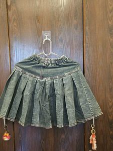 Denim Pleated Skirt with Floral Embroidery