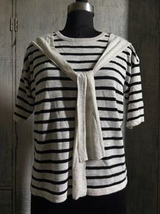 Striped Knit Top with Scarf Detail