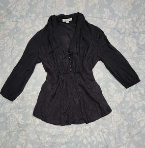 Chic Black Ruched Button-Up Tunic Top