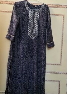 Elegant Navy Blue Kurta with Embellished Neckline