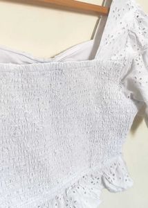 Chic White Eyelet Ruched Crop Top
