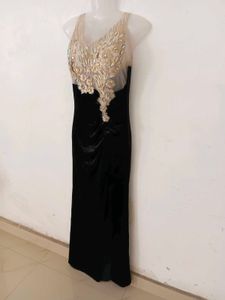 Black Velvet Gown with Embellished Neckline