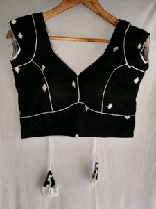 Black Embroidered Blouse with White Piping