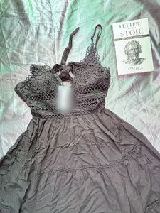 Black Tiered Mini Dress with Lace Detail