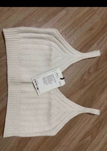 Cream Ribbed Knit V-Neck Crop Top